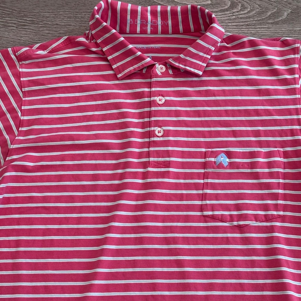 B. Draddy Polo Shirt Mens Medium Pink Striped Stretch Golf Preppy Casual